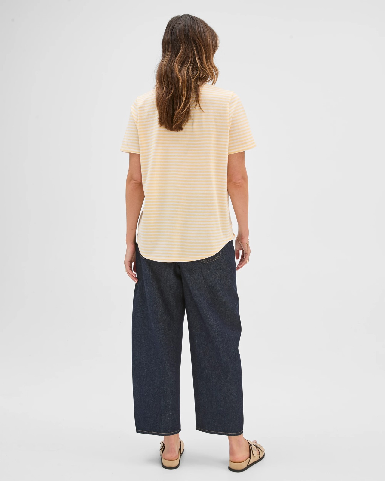 Australian Cotton Slub Relaxed V-Neck T-Shirt - Butter Lemon/White Stripe 6 of 6