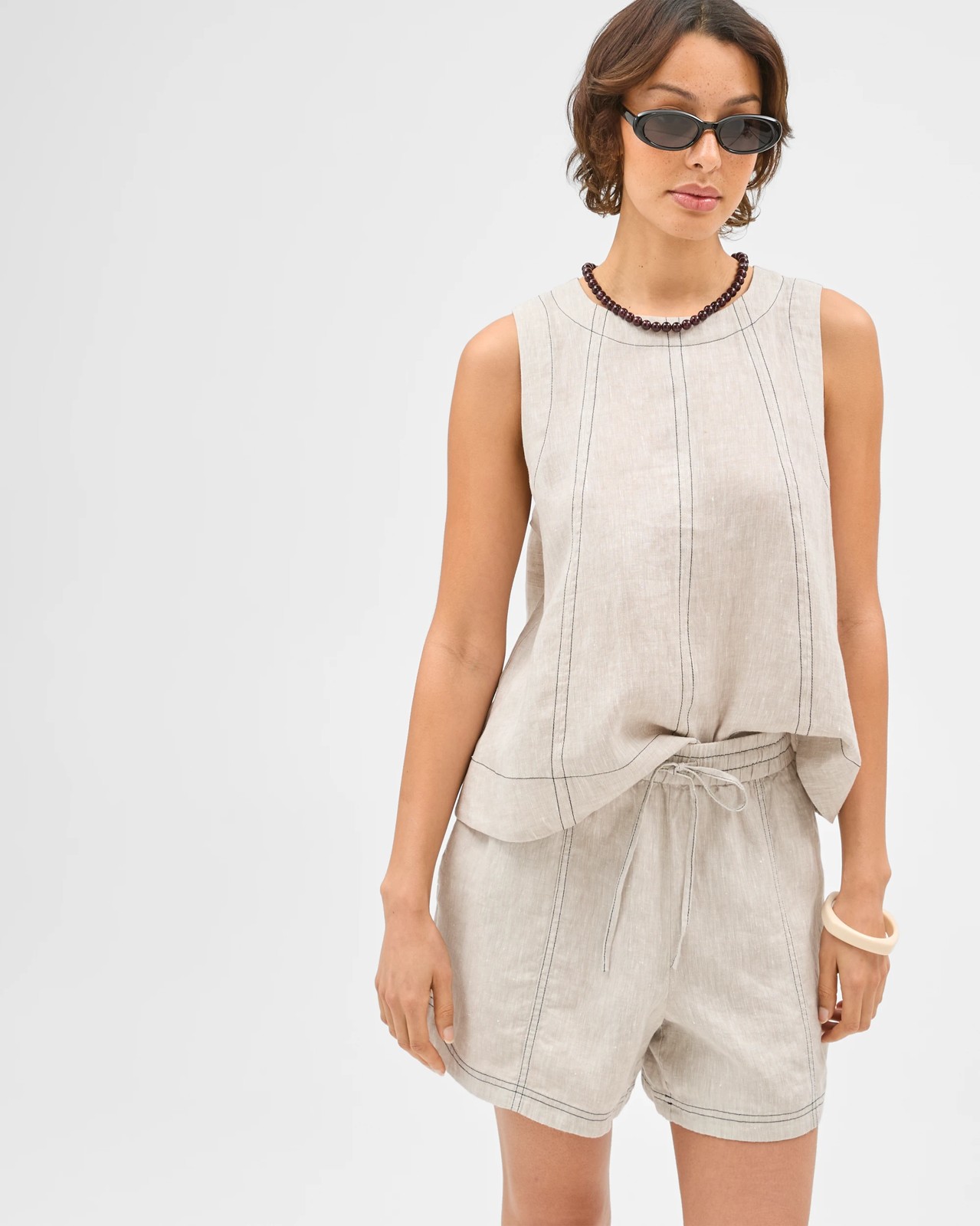 European Linen Contrast Stitch Shorts - Flax 3 of 5