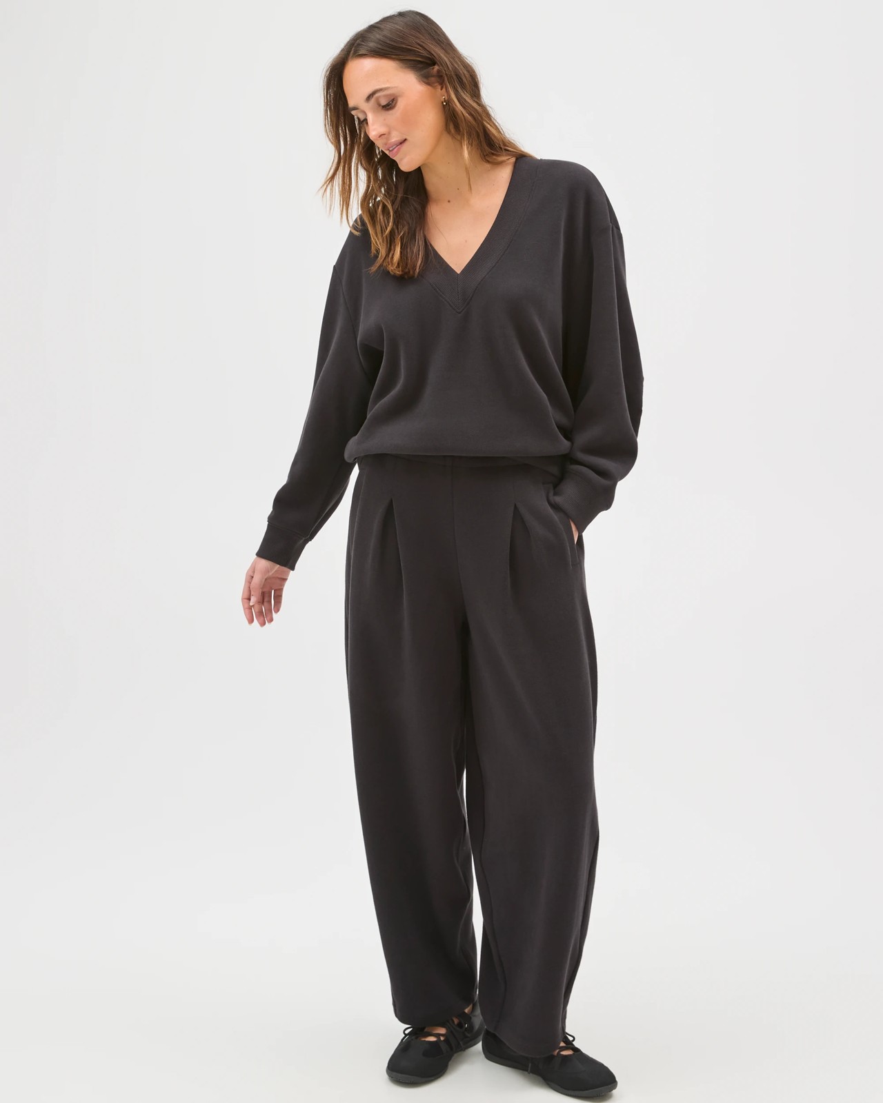 Active Australian Cotton Blend Sueded Rib Barrel Leg Pants - Black 2 of 6