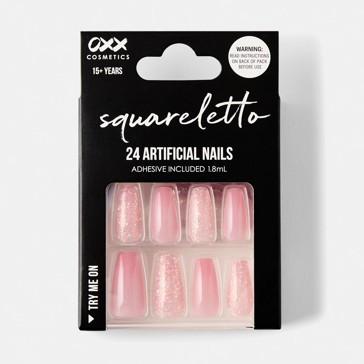24 Pack Artificial Nails with Adhesive, Squareletto Shape, Pink Glitter - OXX Cosmetics