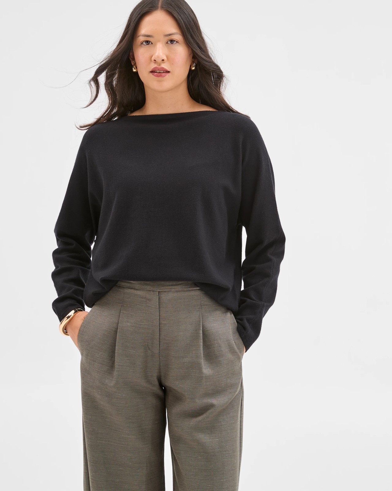 Preview Dolman Sleeve Boat Neck Knit Sweater - Black 3 of 6