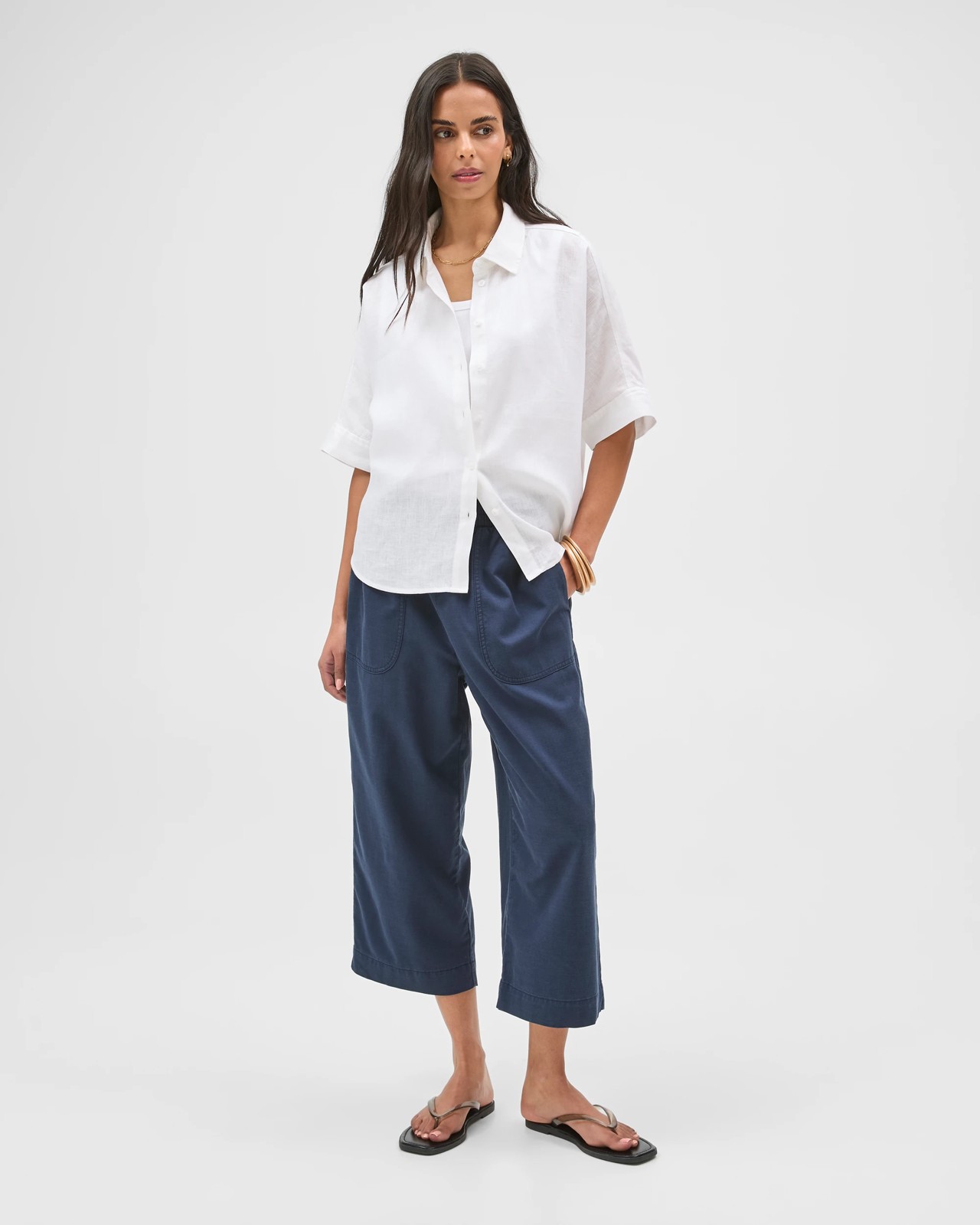 Slub Cropped Pants - Navy Blue 2 of 5