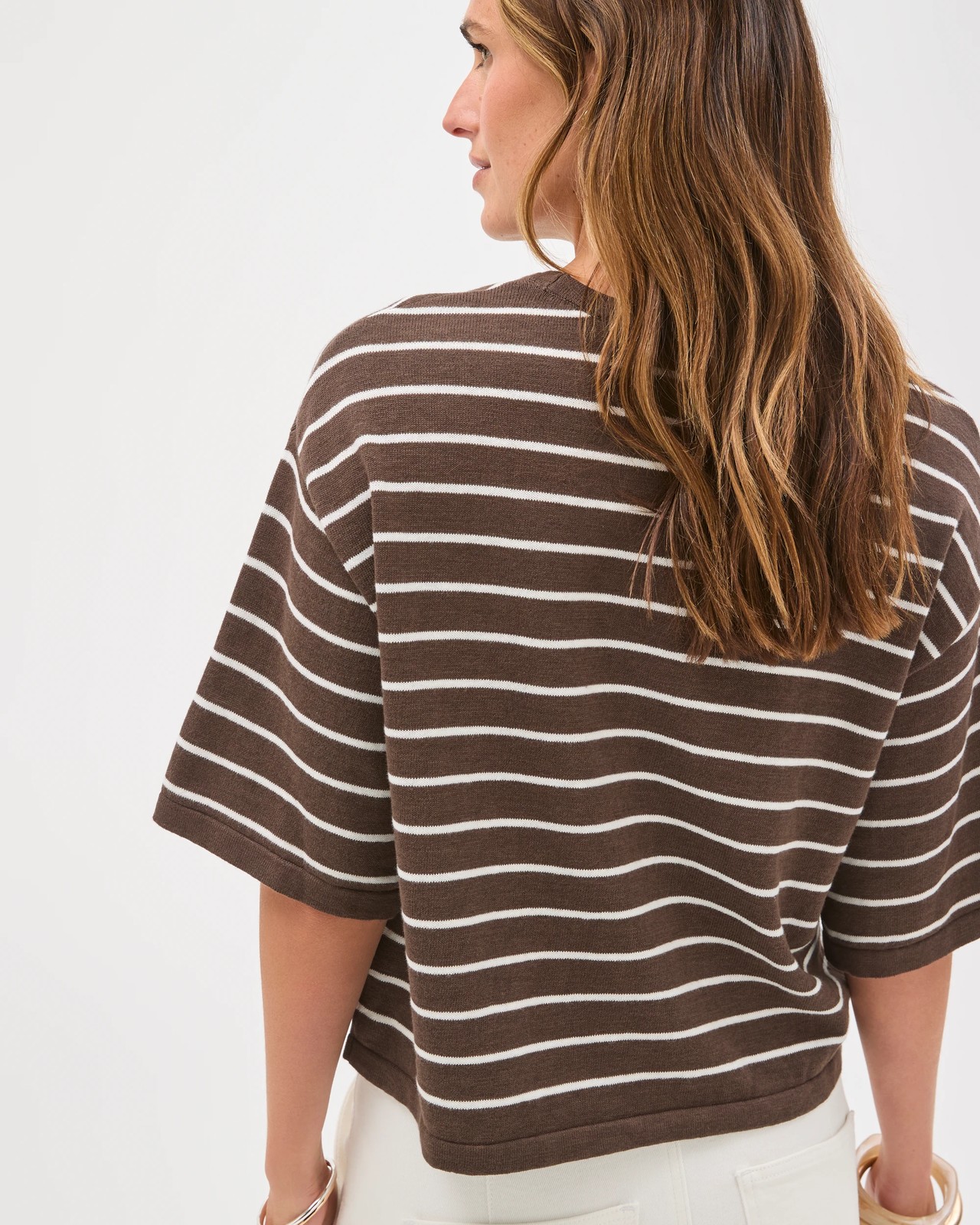 Australian Cotton Blend Drop Shoulder Boxy Knit T-Shirt - Brown Stripe 6 of 6