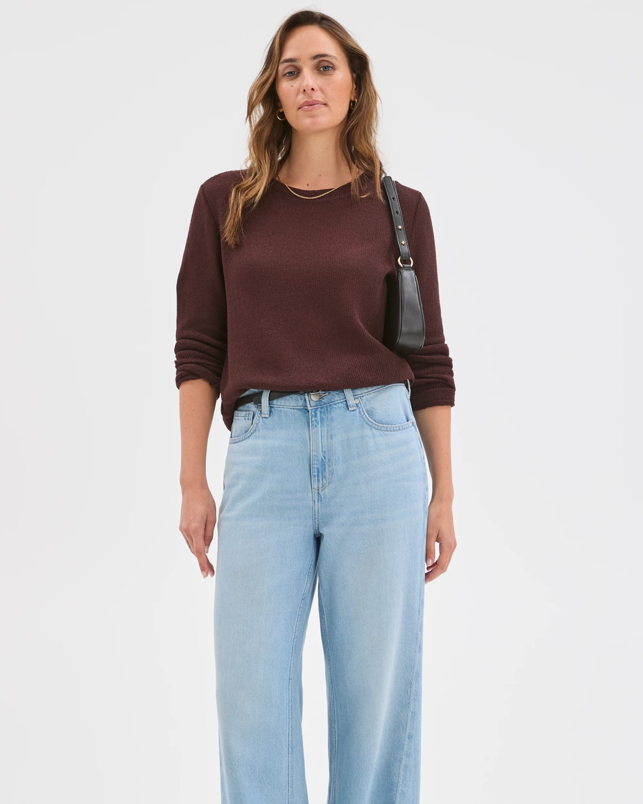 Australian Cotton Blend Long Sleeve Step Hem Textured Knit Top - Chocolate Plum 3 of 5