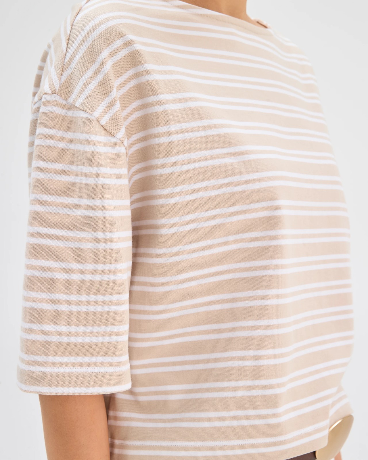 Australian Cotton Boat Neck Boxy T-Shirt - Neutral/White Stripe 4 of 5