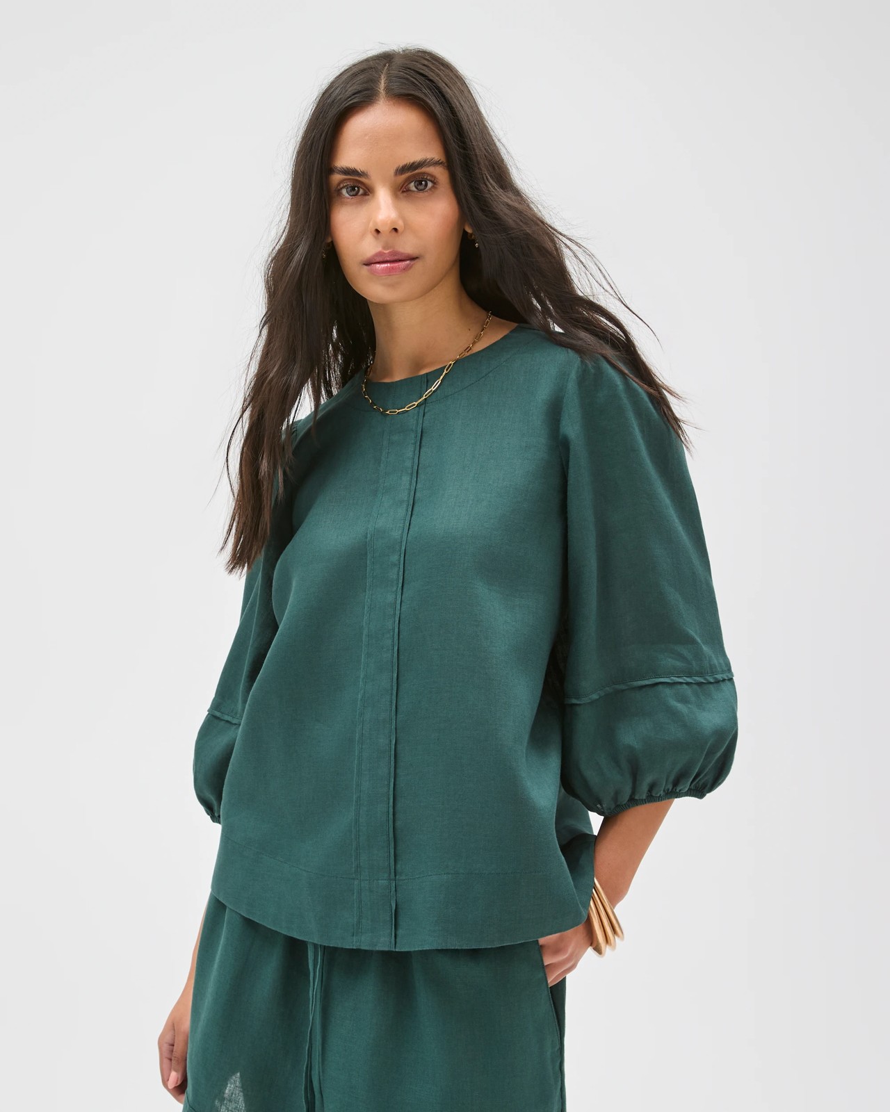 European Linen 3/4 Sleeve Femme Popover Blouse - Deep Forest 3 of 6