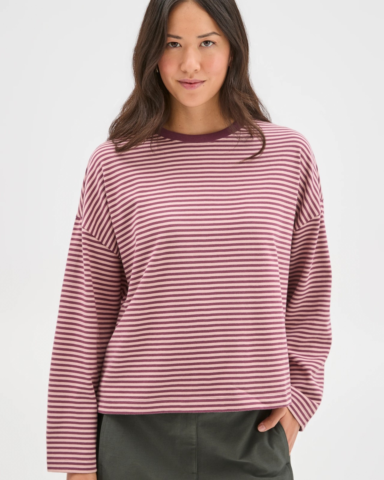 Australian Cotton Long Sleeve Heavyweight Oversized T-Shirt - Pansy/Soft Blush Stripe 6 of 6