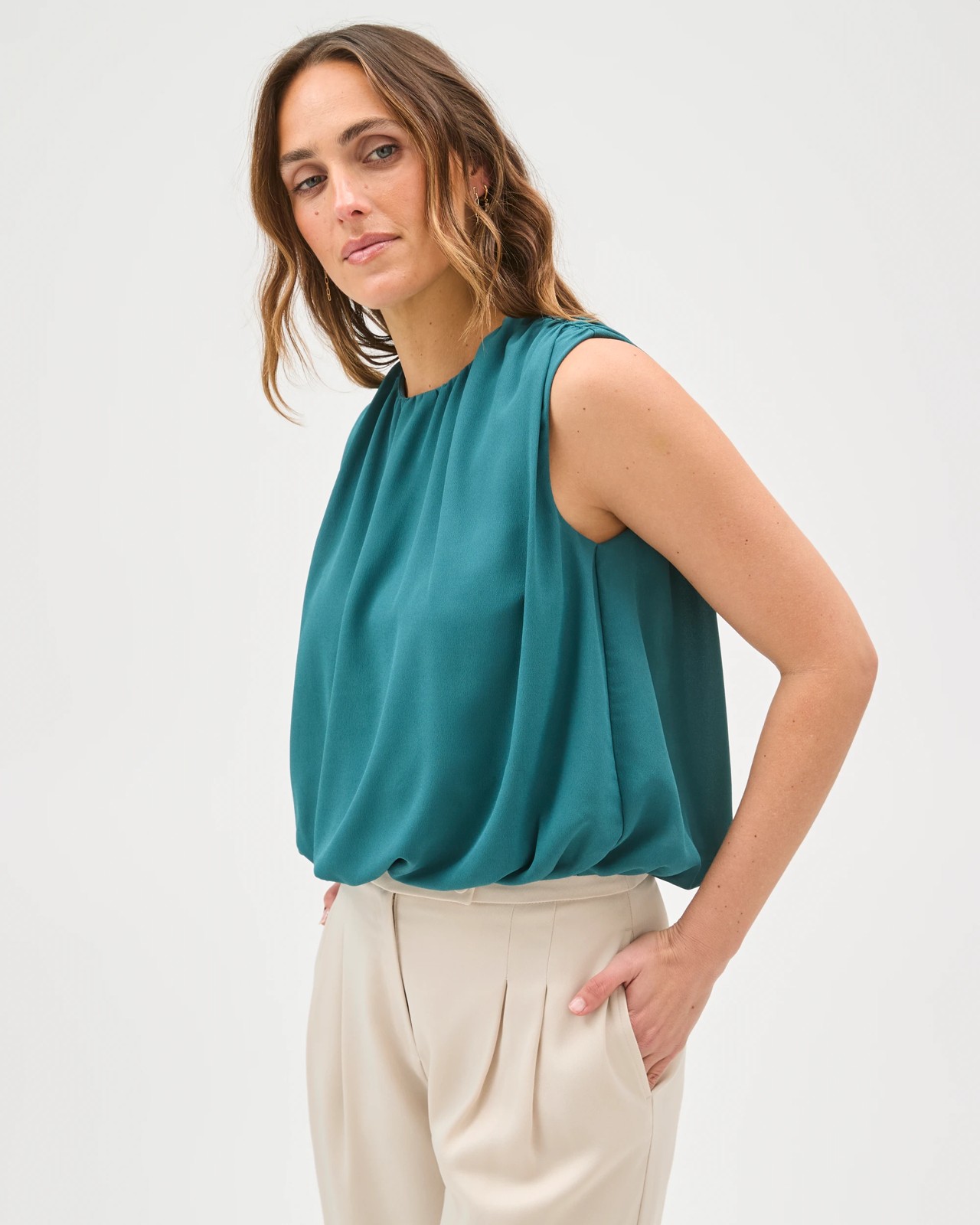 Preview Sleeveless Bubble Hem Blouse - Peacock 5 of 5