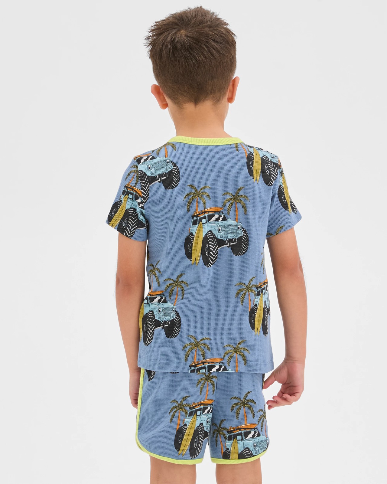 Organic Cotton Younger Boys Elevated Knit Waffle Pyjama Set - Multi Surf Van 4 of 6