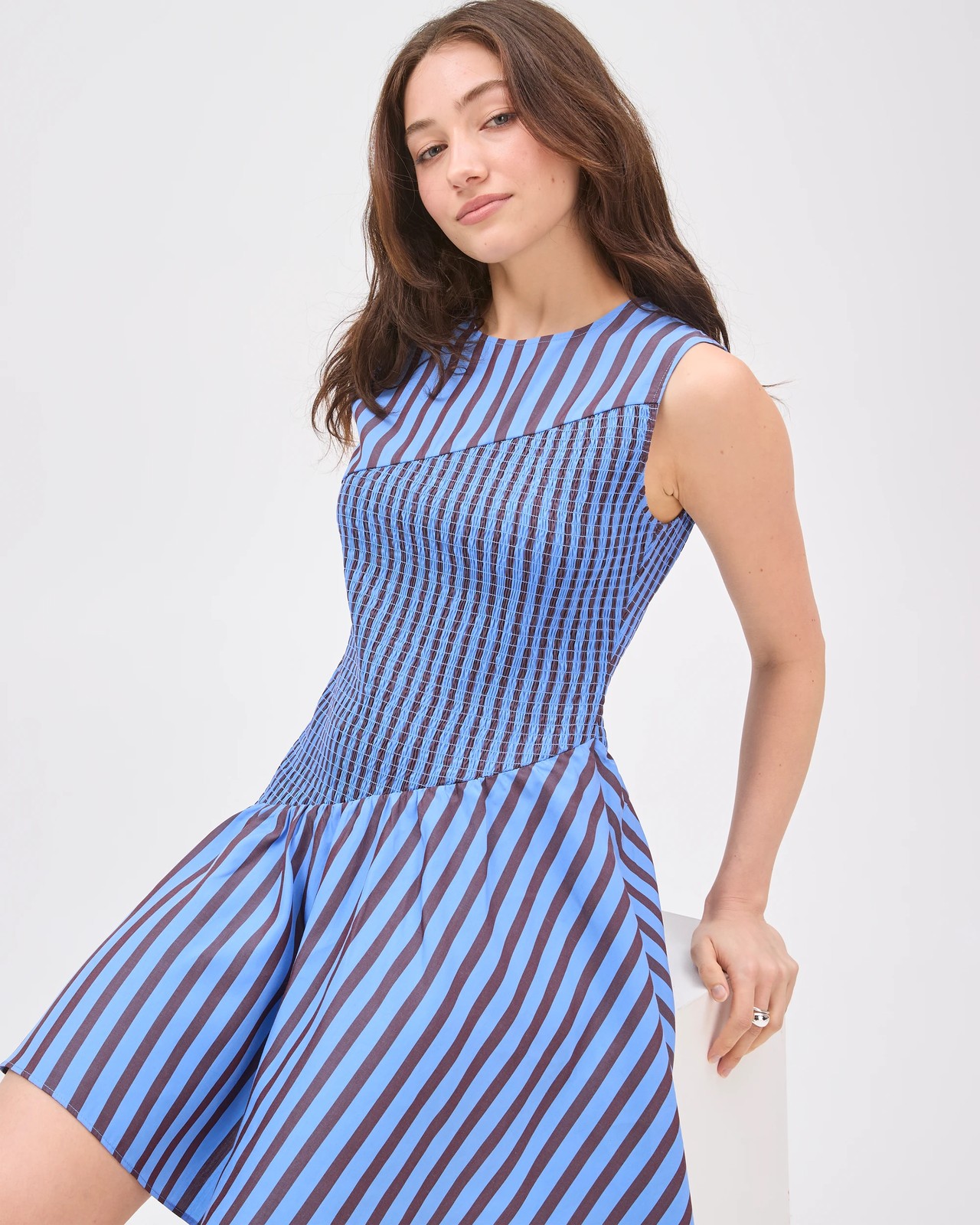 Lily Loves Lyocell Shirred Panel Mini Dress - Blue / Stripe 2 of 5