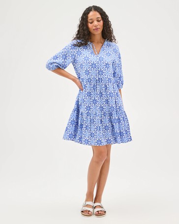 Long Blouson Sleeve Seersucker Printed Mini Dress