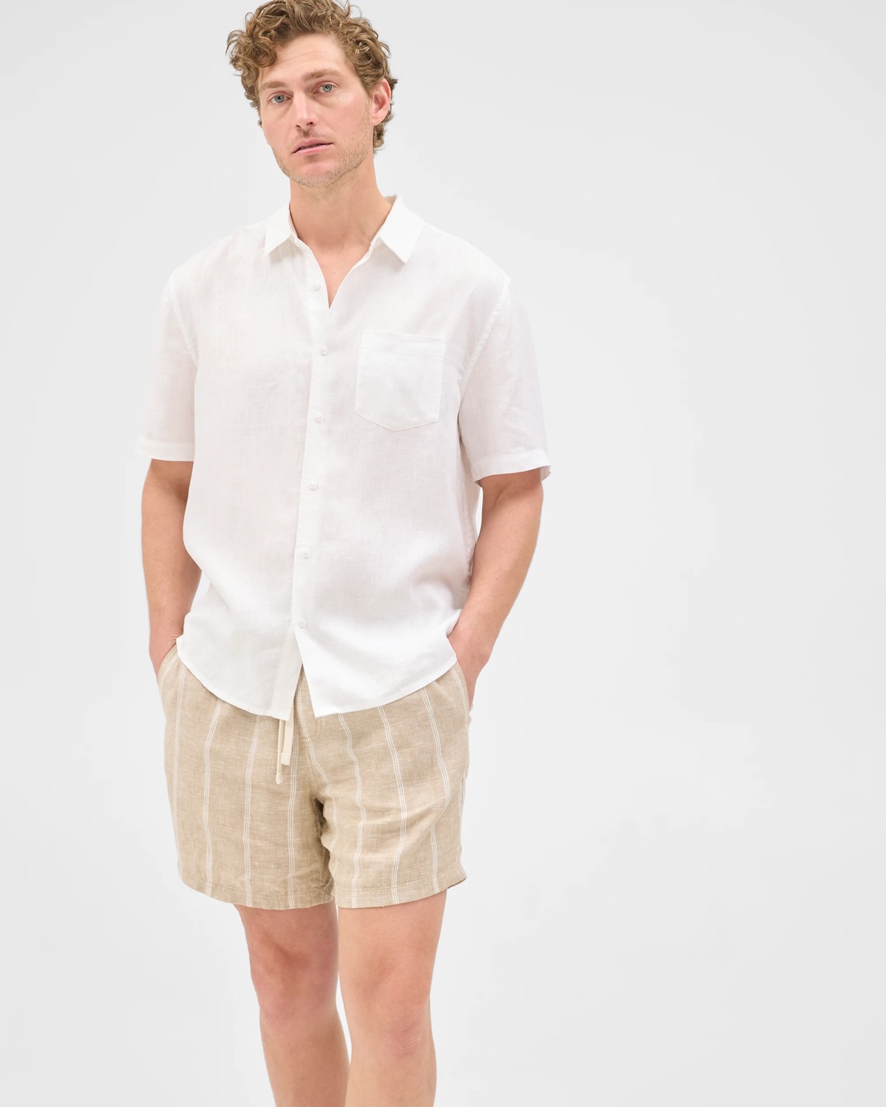 European Linen Elastic Waist Striped Shorts - Stone 5 of 6