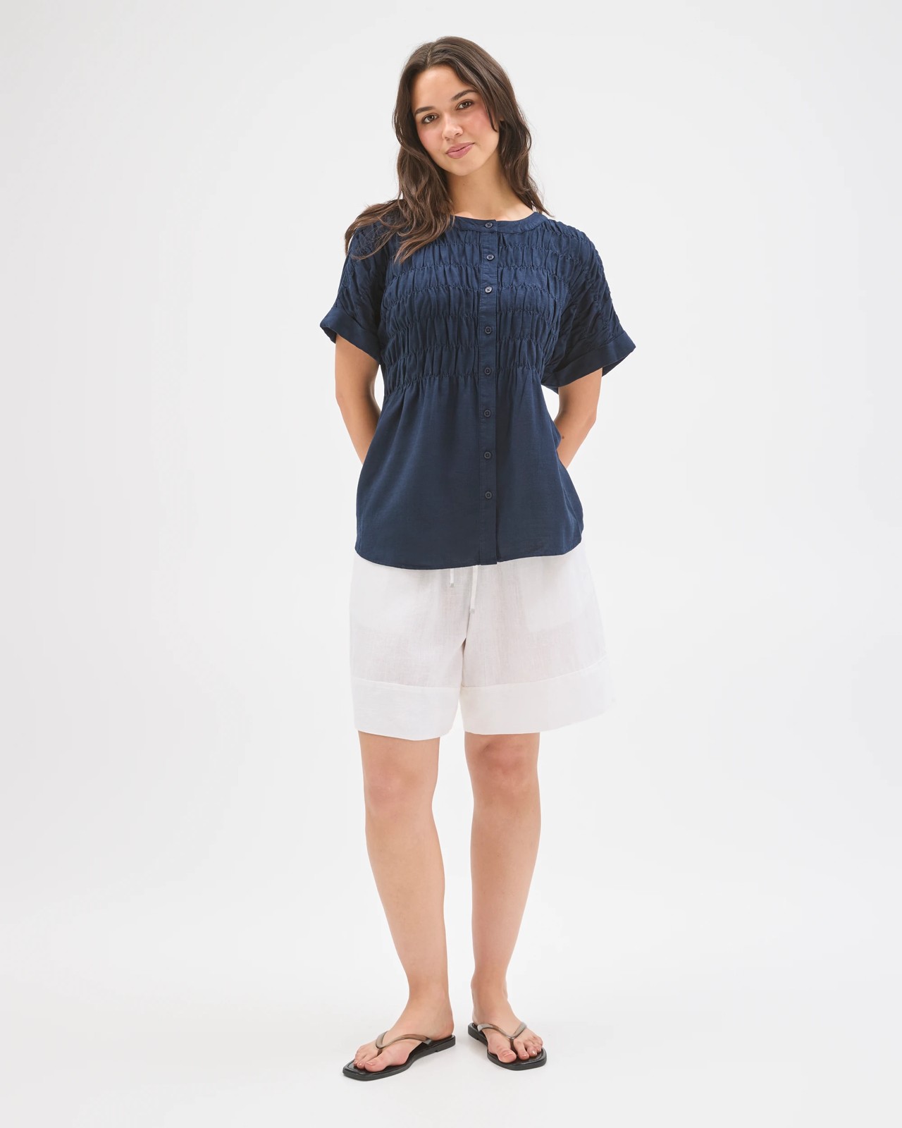 Short Sleeve Shirred Button Through Top - Navy Blue 2 of 5