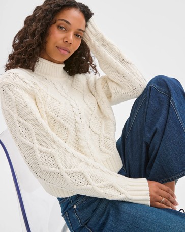 Australian Cotton Blend Roll Neck Cable Knit Jumper