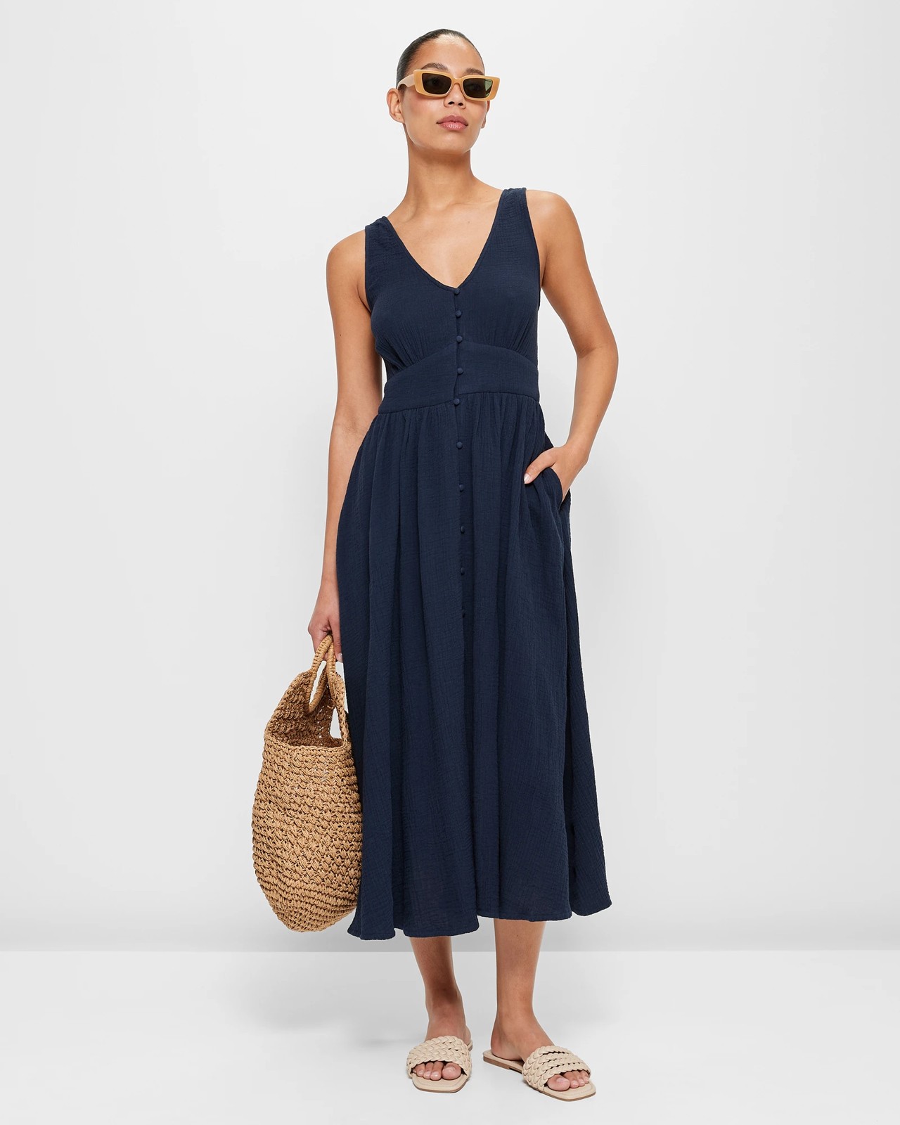 Sleeveless V-Neck Tie-Back Maxi Dress in Navy | SilkFred AU