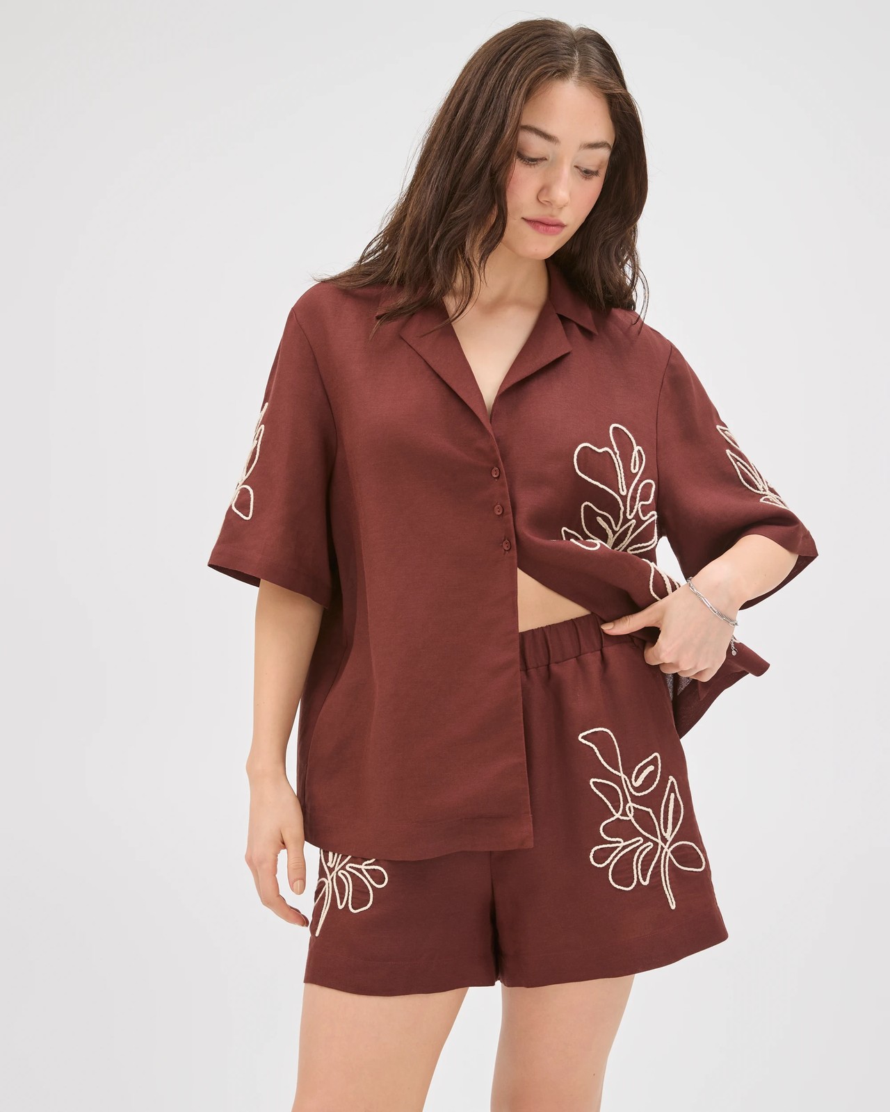 Lily Loves European Linen Blend Embellished Shorts - Ganache 3 of 6