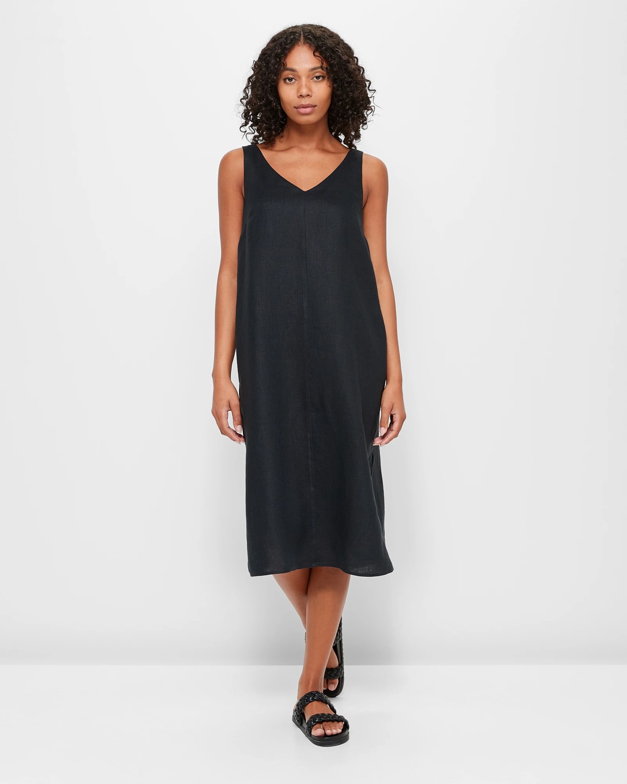 Linen Midi V Neck Tank Dress W/ Pockets