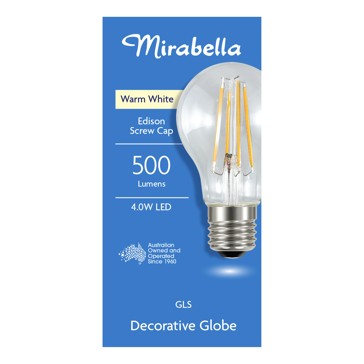 4W LED Filament Warm White GLS Globe - Mirabella