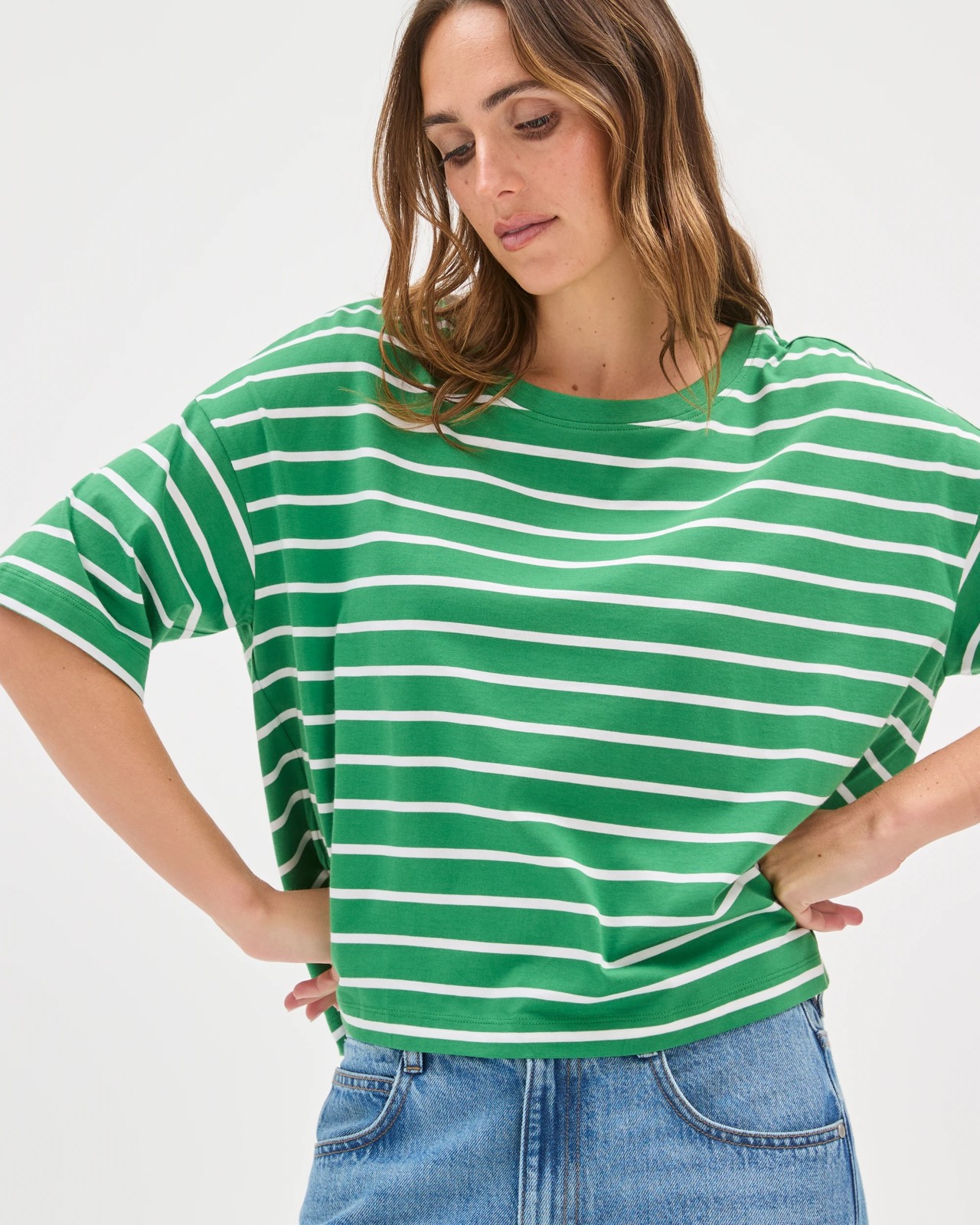 Boxy Crew Neck T-Shirt - Pine/White Stripe 3 of 5