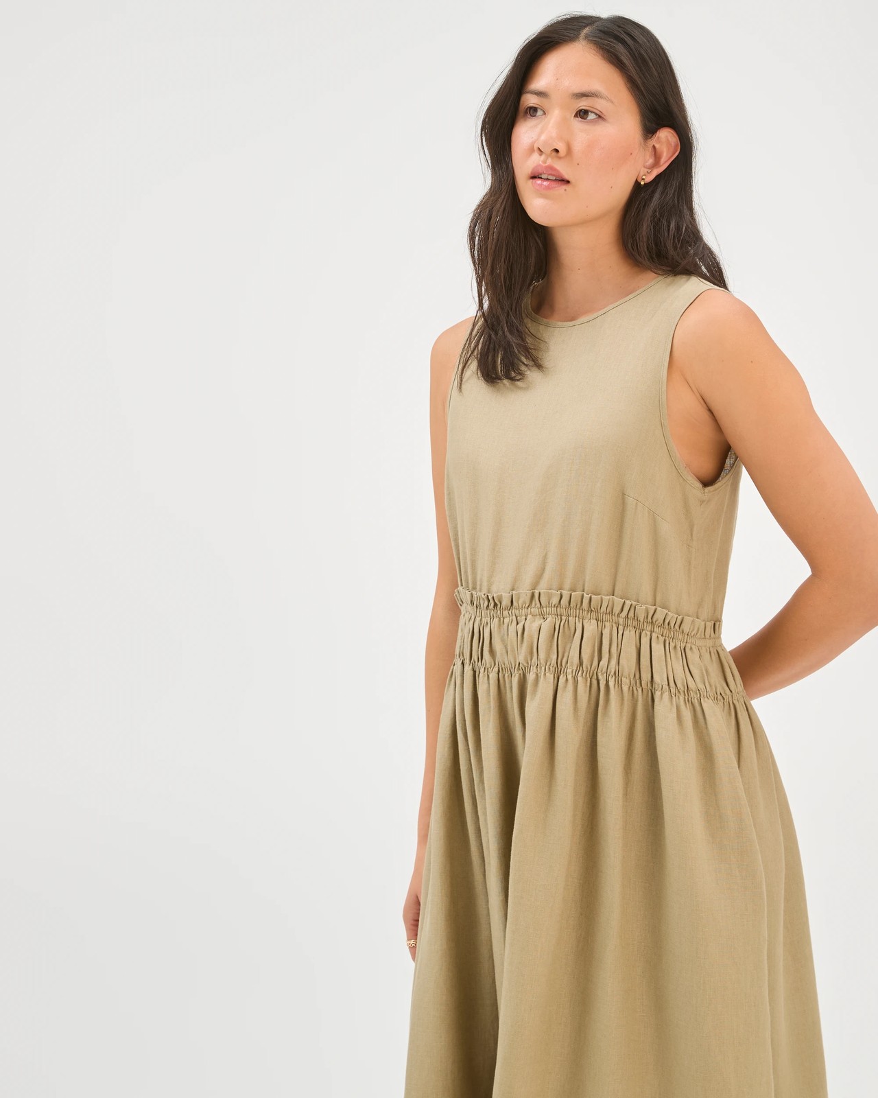 European Linen Sleeveless Waisted Midi Dress - Crushed Leaf 6 of 6