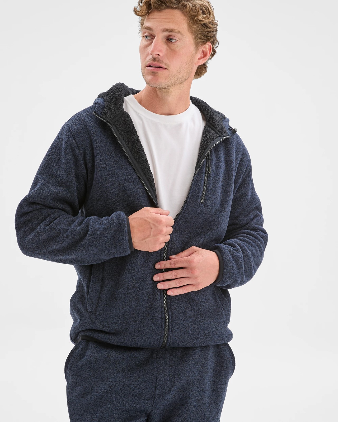 Teddy Lined Zip Through Fleece Hoodie - Navy Marle 3 of 5
