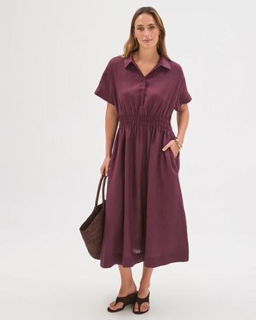European Linen Shirred Waist Midi Dress
