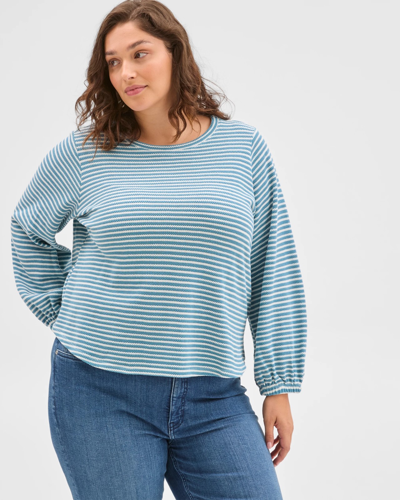 Plus Size Australian Cotton Long Sleeve Stripe Textured Top - Sea Teal/Cloud Dancer 2 of 6
