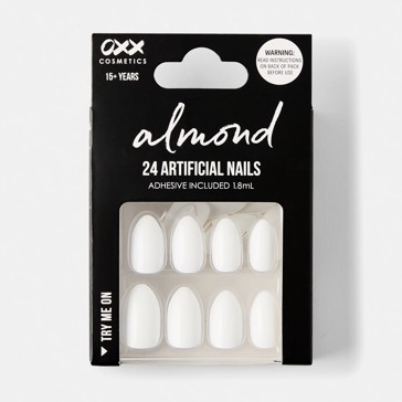 24 Pack Artificial Nails with Adhesive, Almond Shape, White Shiny - OXX Cosmetics
