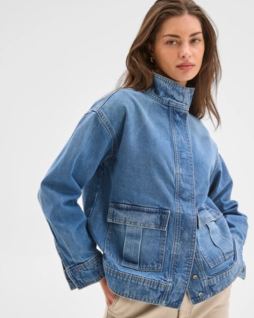 Petites Funnel Neck Denim Jacket