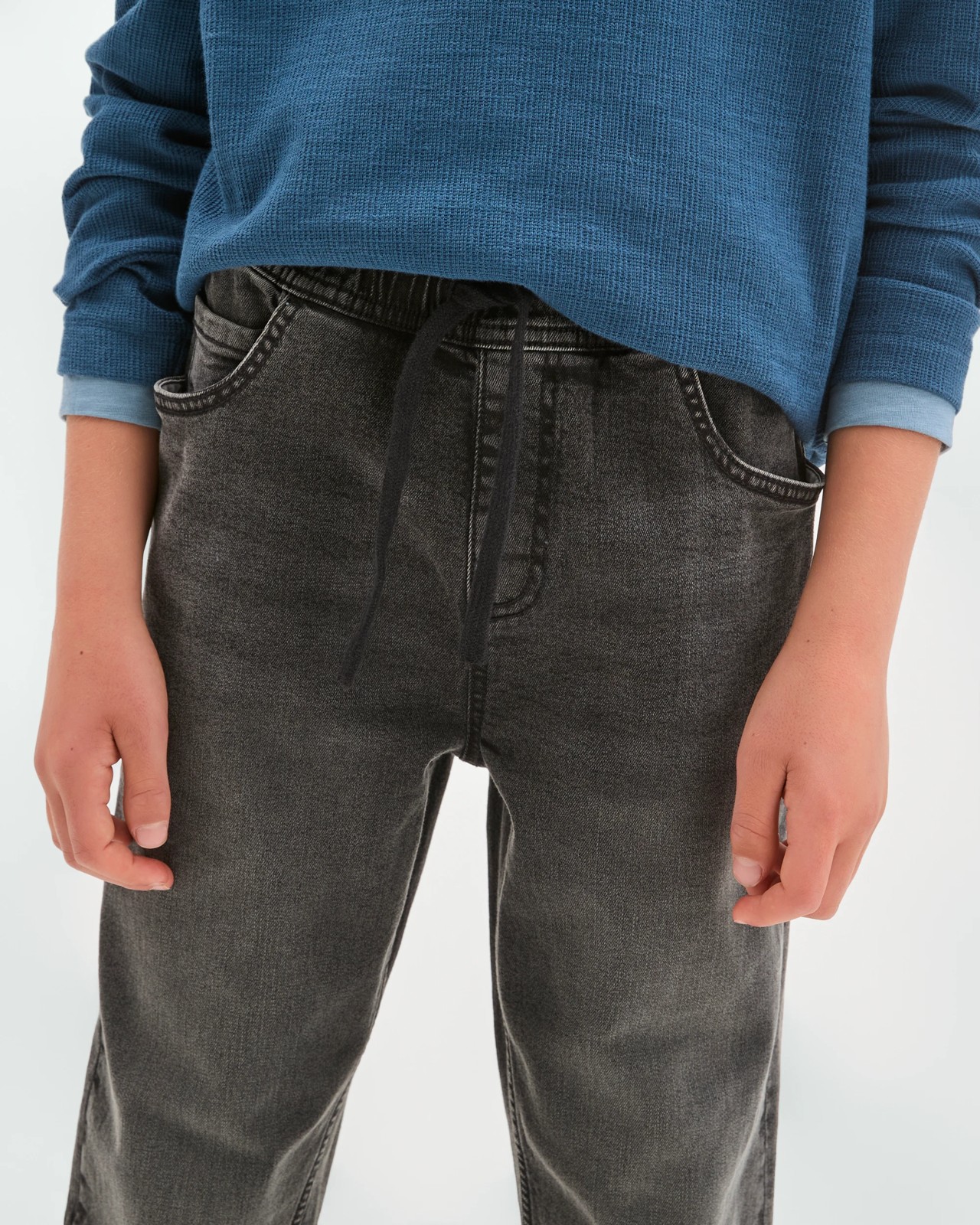 Elastic Waistband Straight Fit Denim Jeans - Blackwash 5 of 6