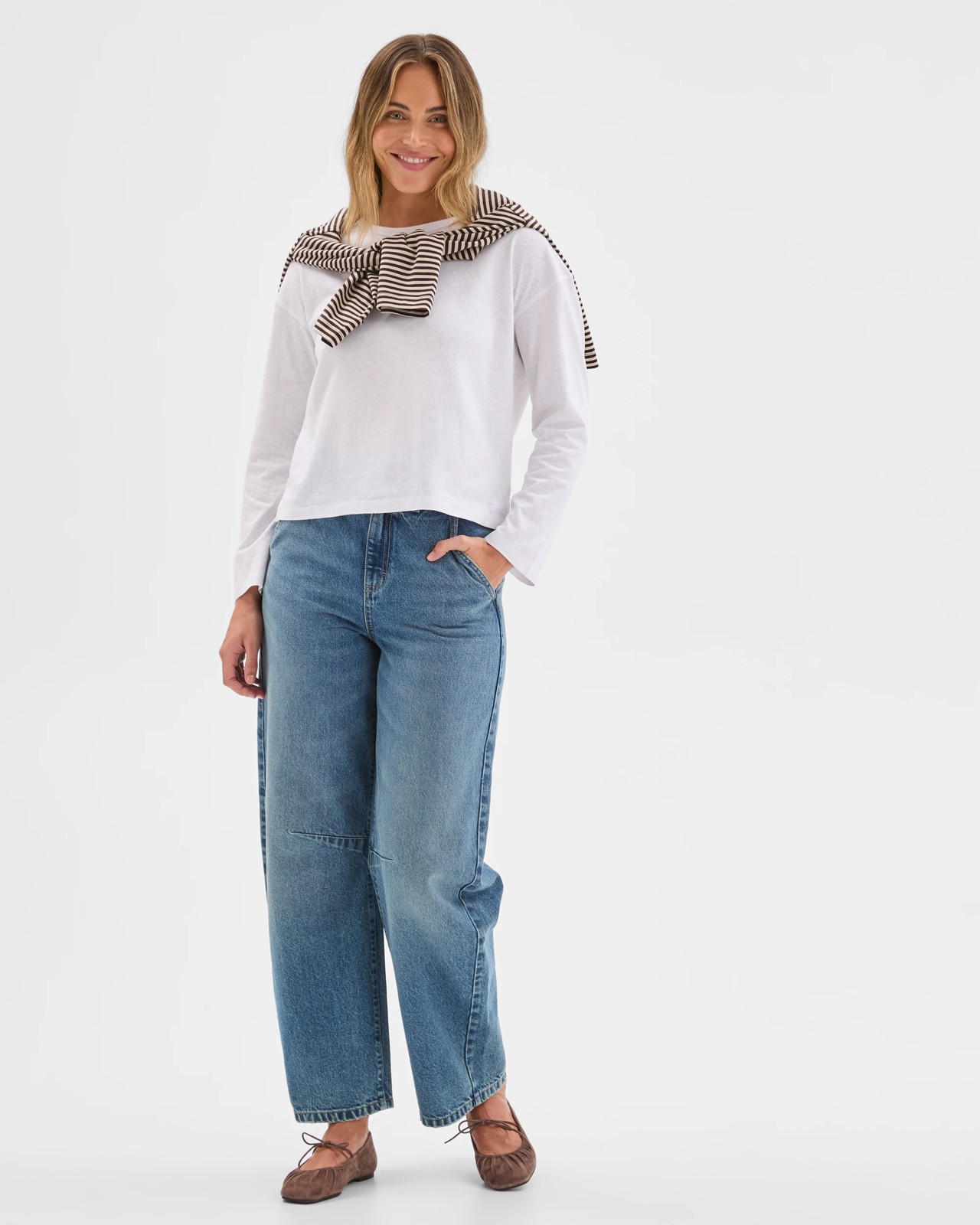 Australian Cotton Long Sleeve Relaxed Slub T-Shirt - White 2 of 6