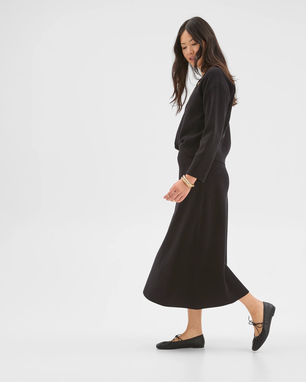Preview Australian Cotton Blend A-Line Polished Midi Skirt - Black 2 of 5