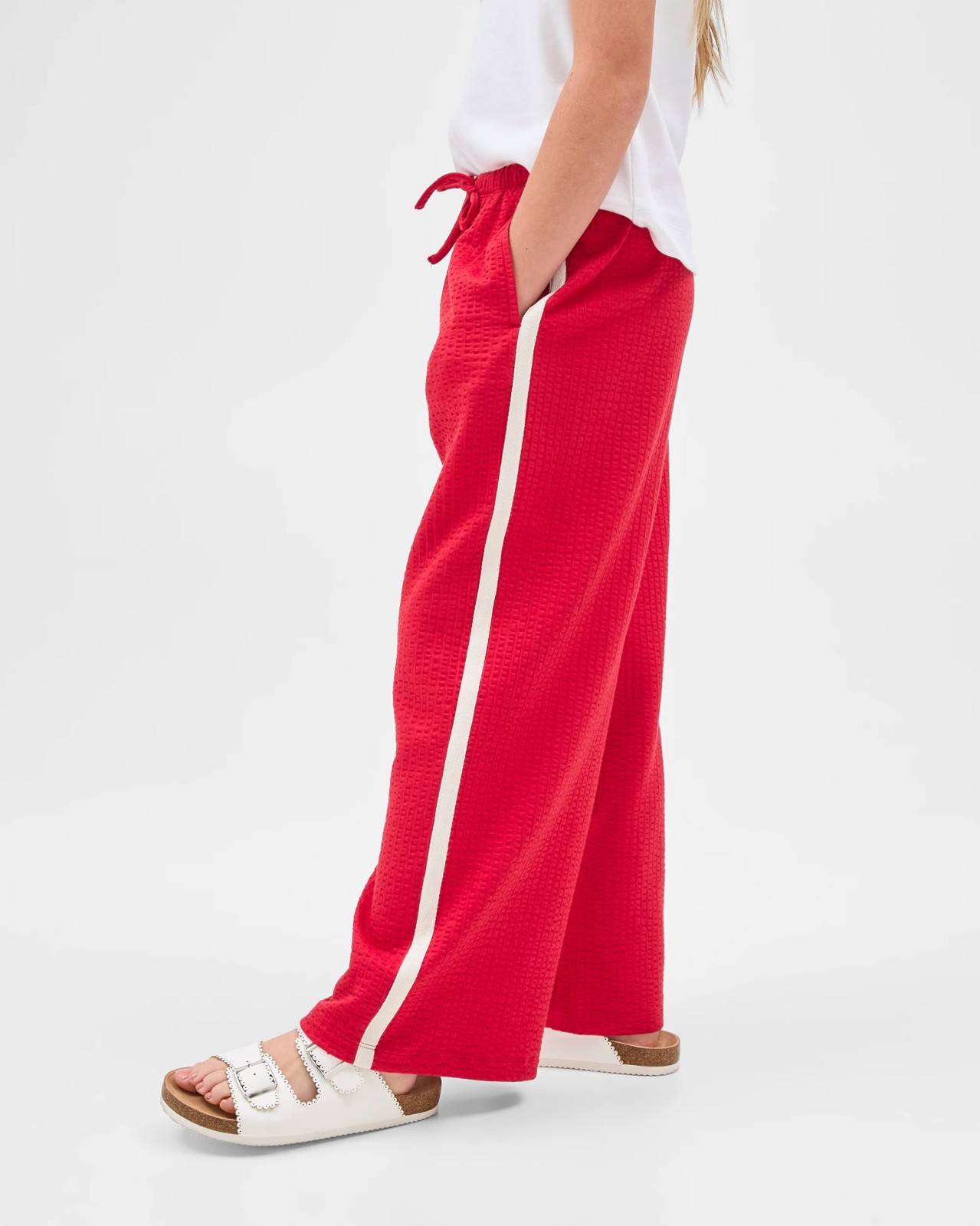 Australian Cotton Blend Textured Side Taped Wide Leg Knit Pants - Red 3 of 6