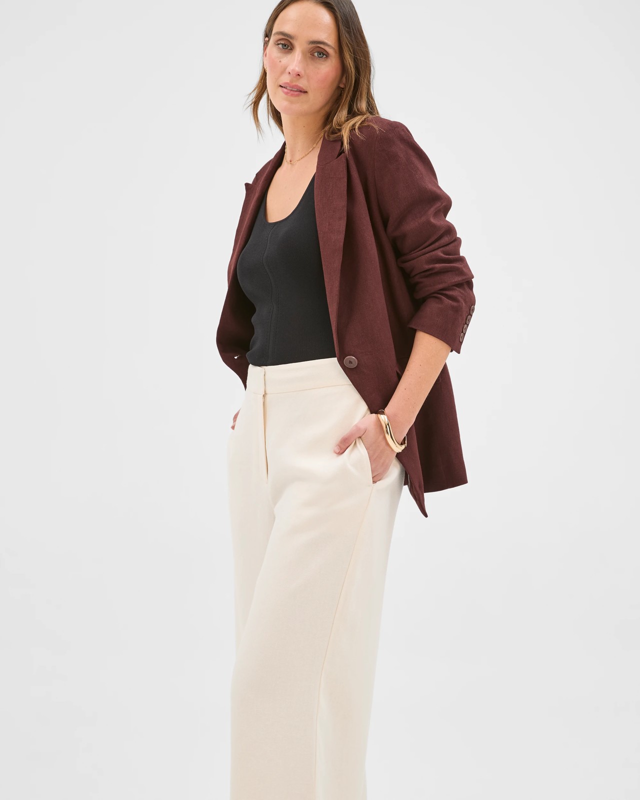 Preview Linen Blend Wide Leg Culotte Pants - Cloud Dancer 4 of 5