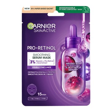 Garnier SkinActive Smoothing Serum Mask 28g - Glycerin, Pro-Retinol and Acai Extract