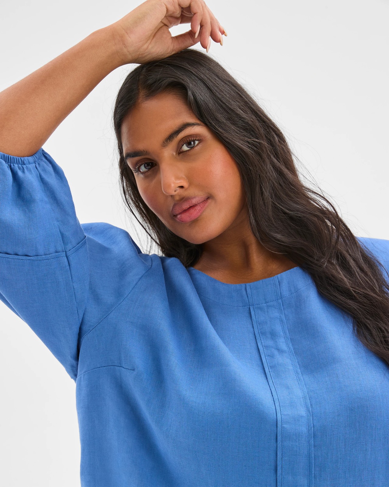 Plus Size European Linen Balloon Sleeve Blouse - Lapis Blue 4 of 6