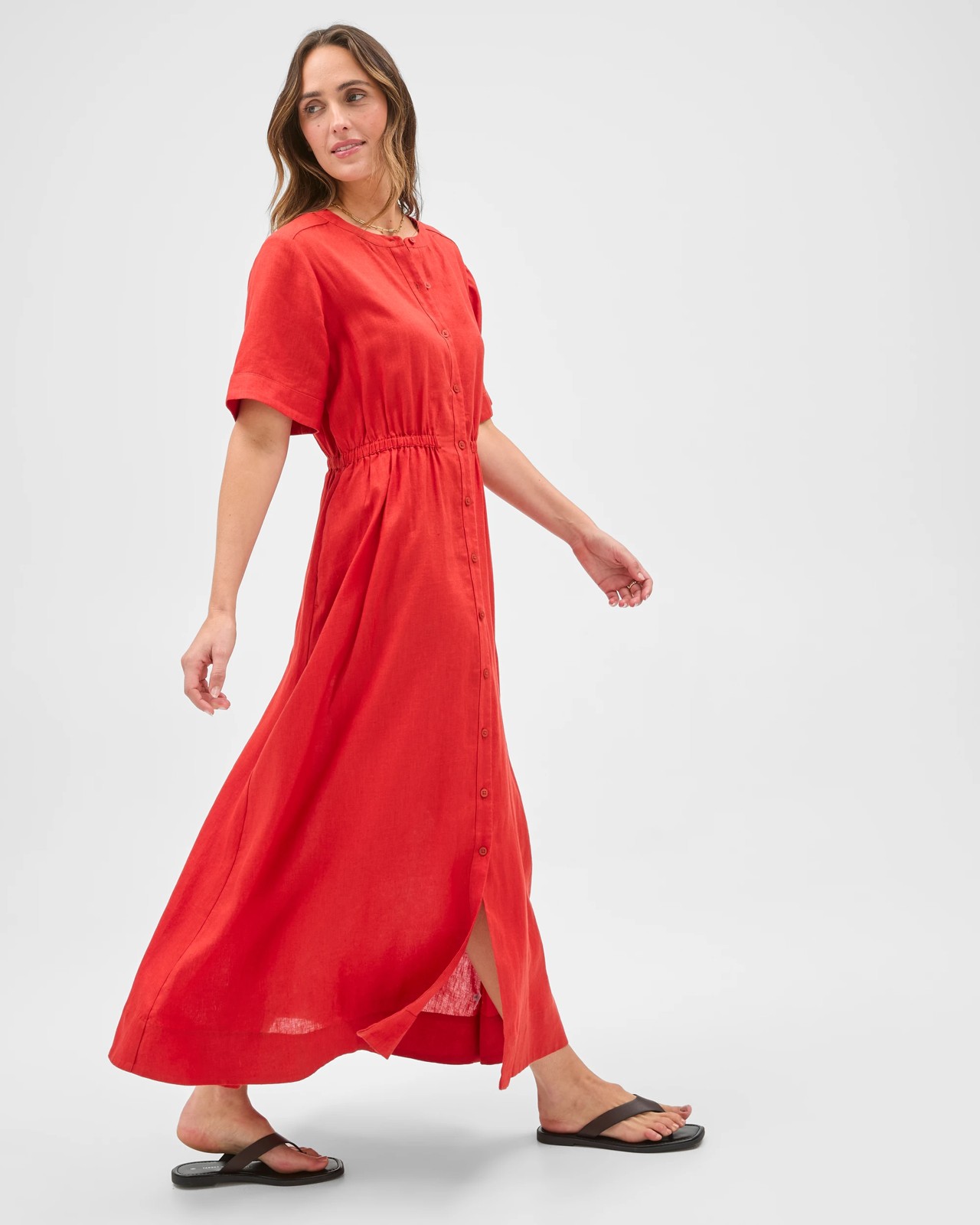 European Linen Short Sleeve Midi Femme Dress - Warm Terracotta 3 of 5