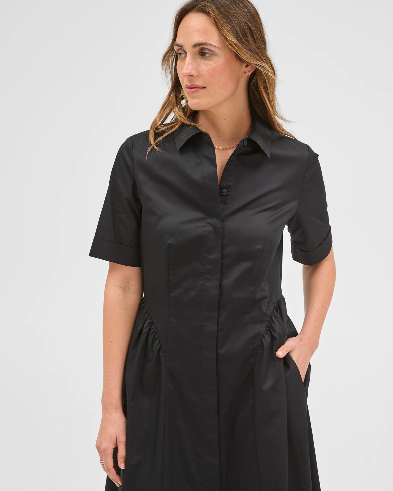 Preview Australian Cotton Volume Midi Shirt Dress - Black 2 of 5