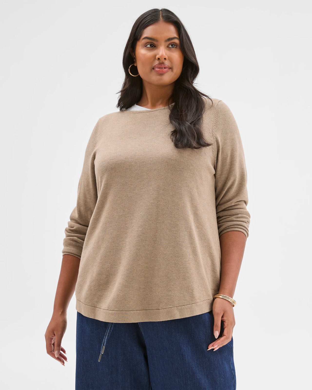 Plus Size Long Sleeve Curve Hem Rib Jumper - Dark Fawn Marle 2 of 5