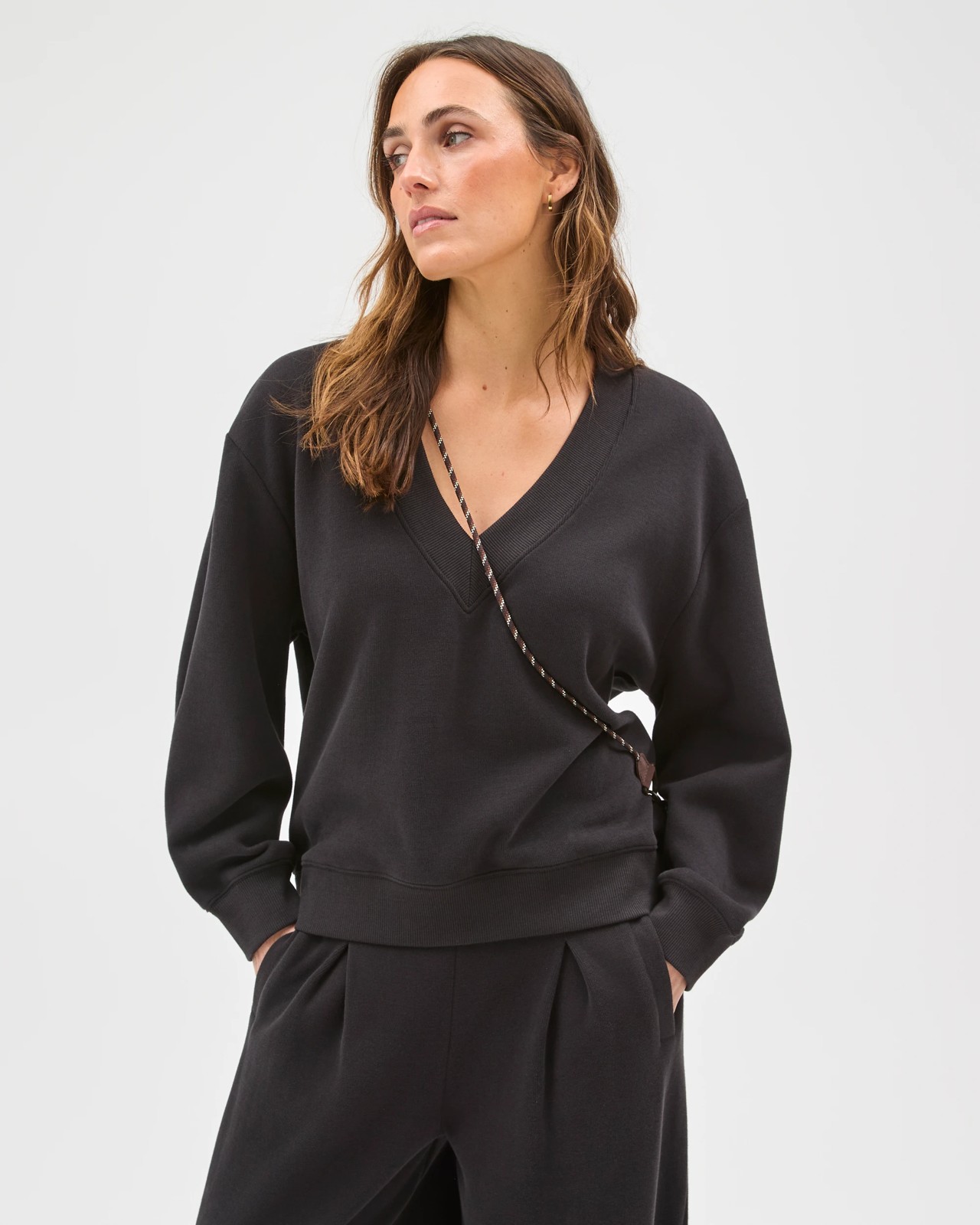 Active Australian Cotton Blend Sueded Rib V-Neck Jumper - Black 2 of 6