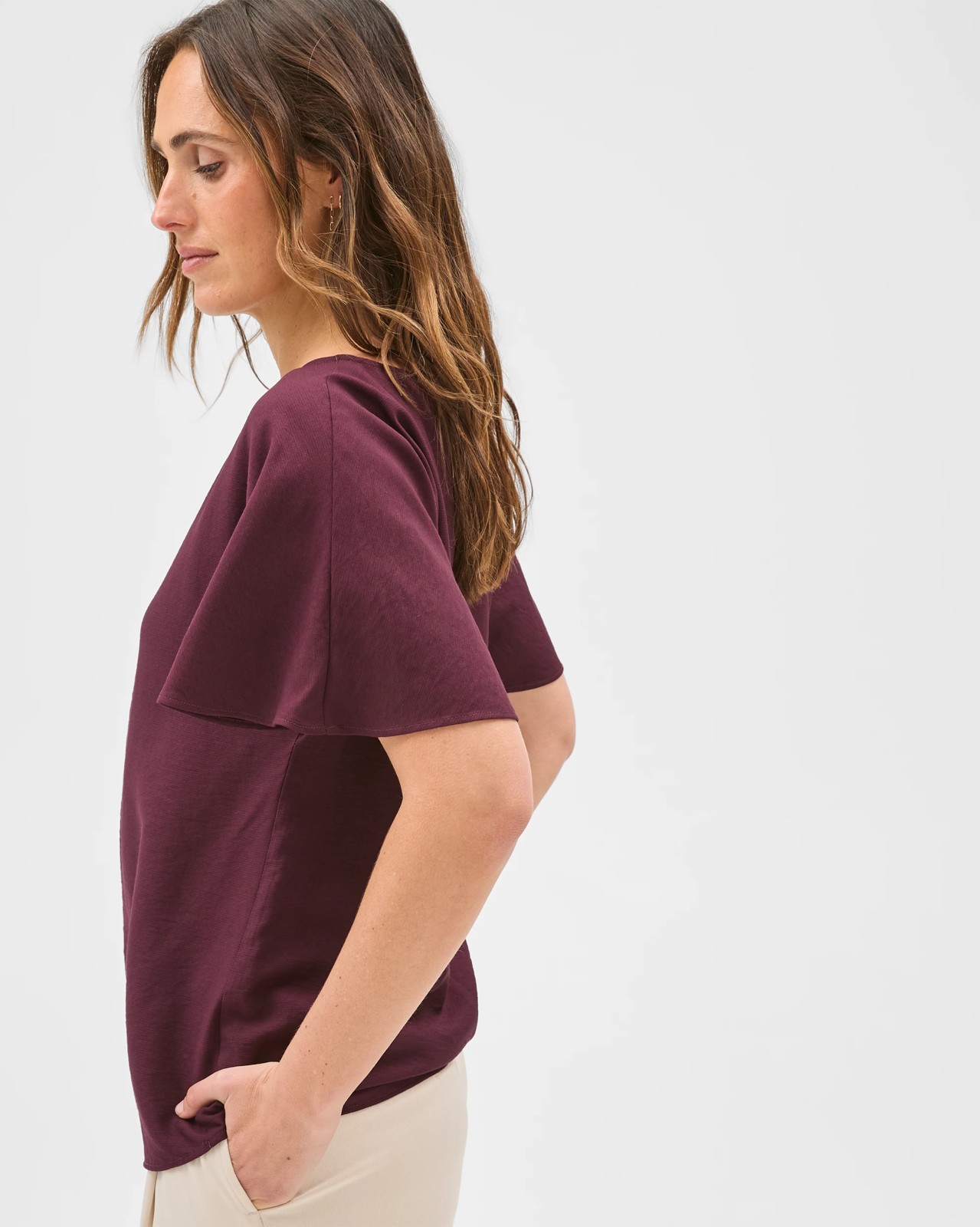 Preview Short Flutter Sleeve Textured Blouse - Parchment 4 of 5