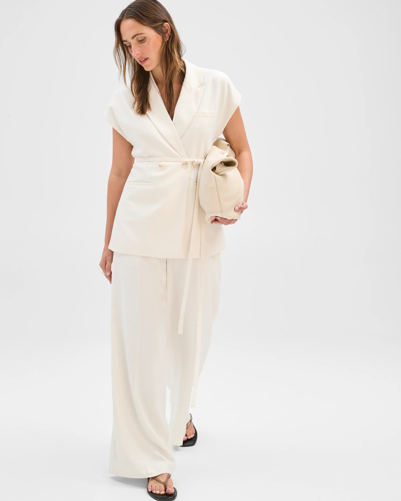 Preview Linen Blend Tailored Tie Waist Vest - Cloud Dancer 2 of 5