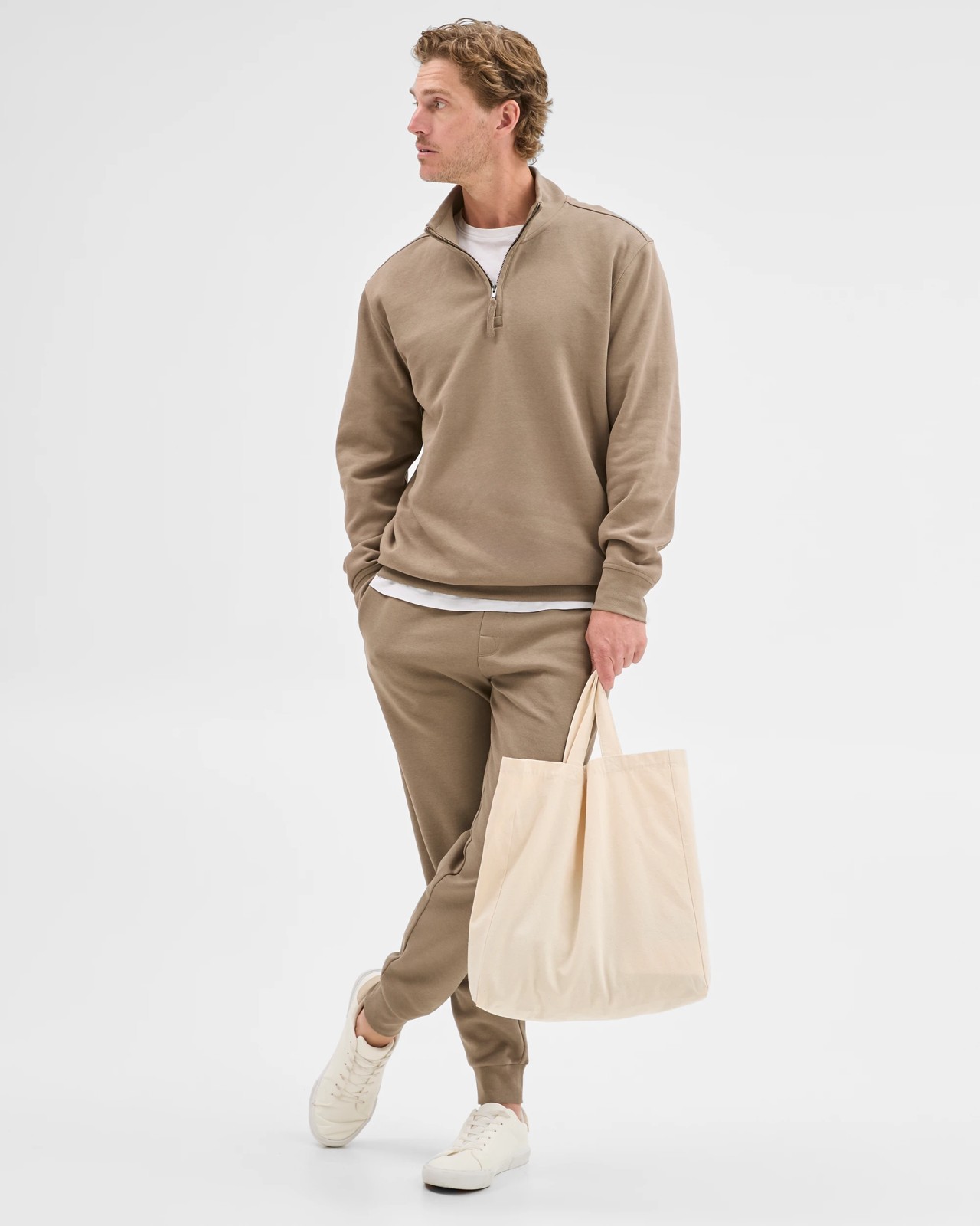 Australian Cotton Blend Fleece Half Zip Top - Mushroom 3 of 6