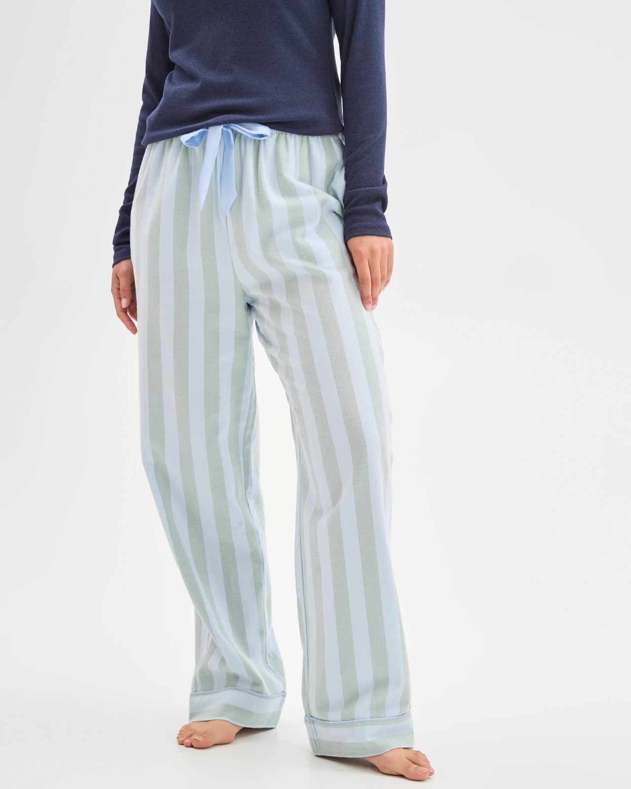 Australian Cotton Flannelette Wide Leg Sleep Pants - Green Stripe 2 of 5