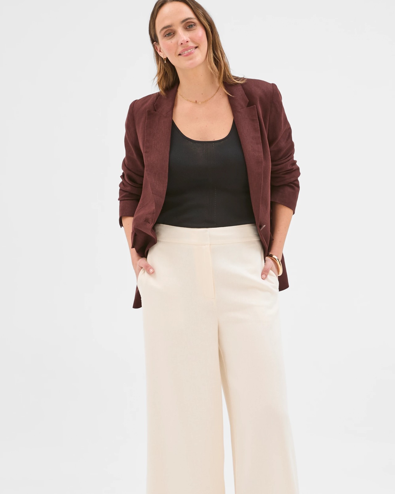 Preview Linen Blend Wide Leg Culotte Pants - Cloud Dancer 2 of 5