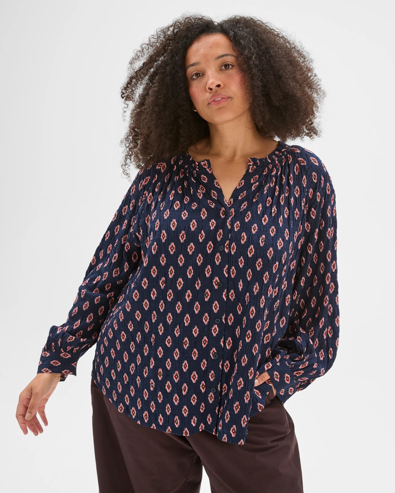 Plus Size Long Sleeve Romantic Blouse - Petrol Print 5 of 5