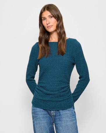 Long Sleeve Crinkle Texture Boat Neck Top