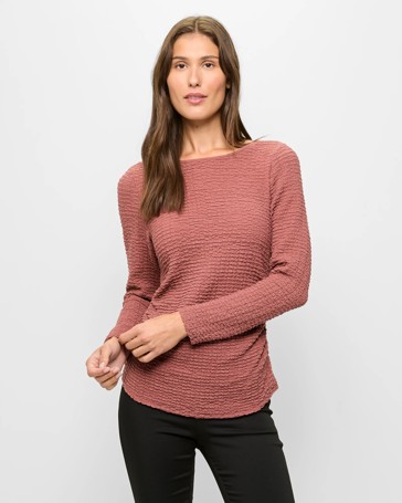 Long Sleeve Crinkle Texture Boat Neck Top