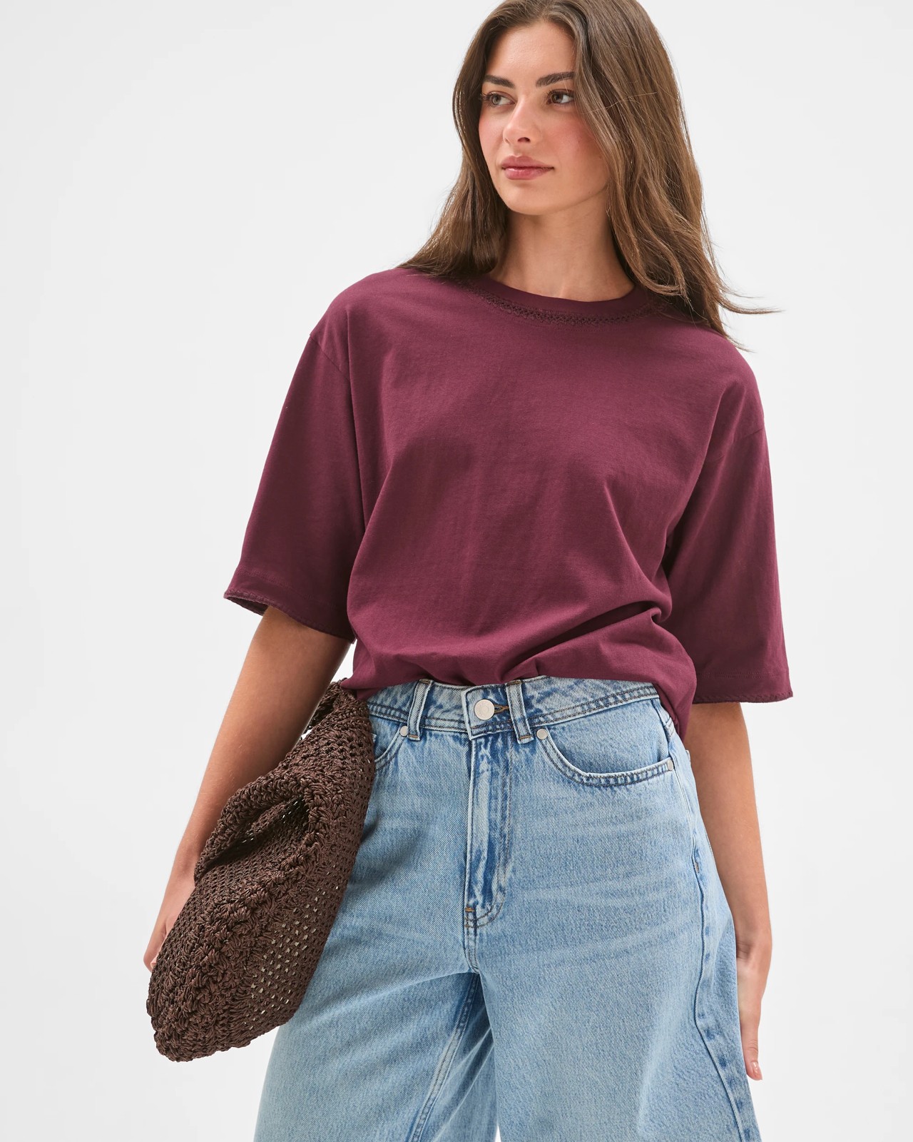 Petites Australian Cotton Stitch Detail T-Shirt - Merlot Brown 5 of 6