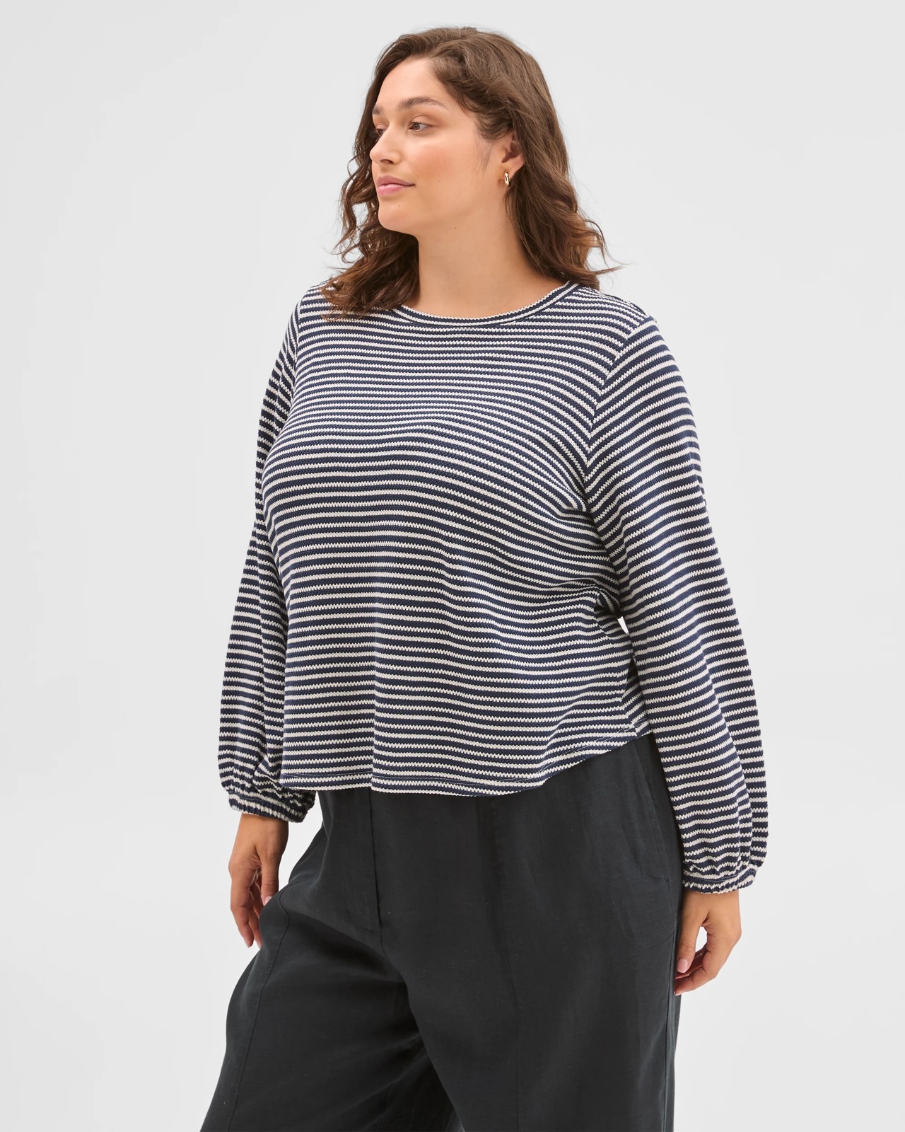 Plus Size Australian Cotton Long Sleeve Stripe Textured Top - Navy Blazer/Cloud Dancer 5 of 6